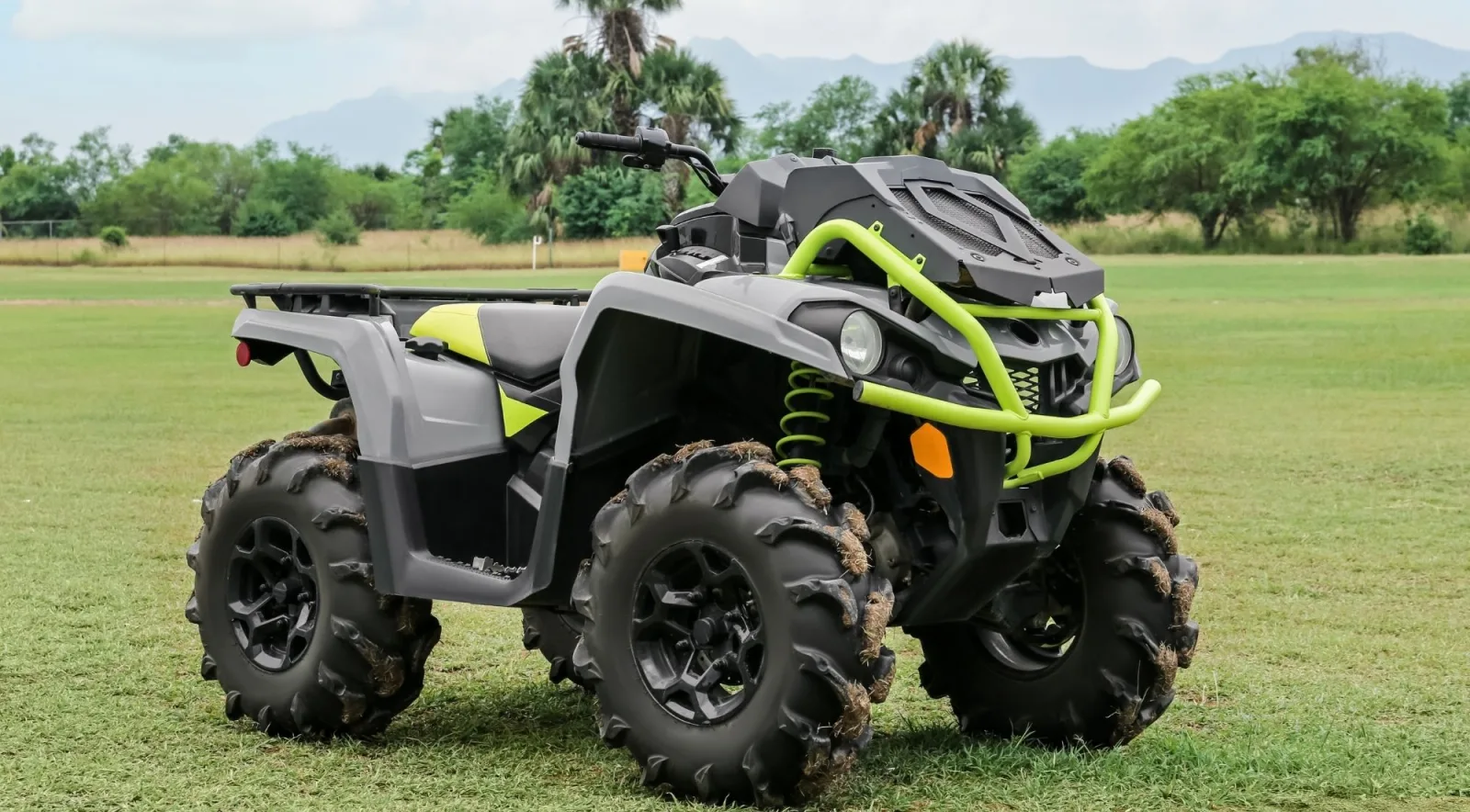 A quad bike with knobbly mud tyres parked on grass with palms and mountains behind