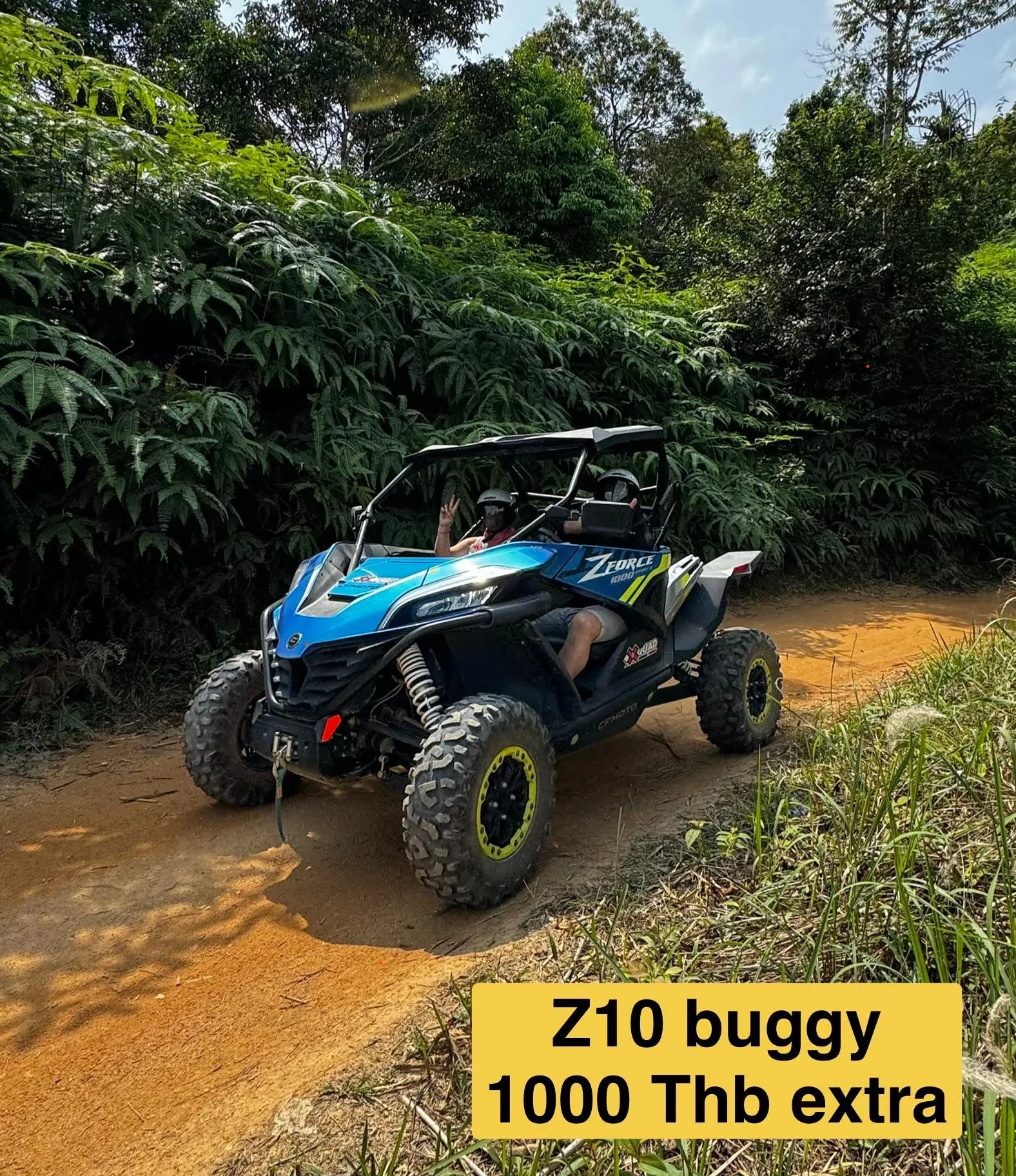 Two-seat CFMOTO Z10 buggy driving a mountain trail on Koh Samui